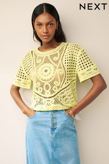 Yellow Short Sleeve Crochet Crew Neck T-Shirt