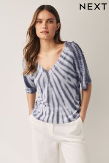 Blue V-Neck Gem Button Linen T-Shirt