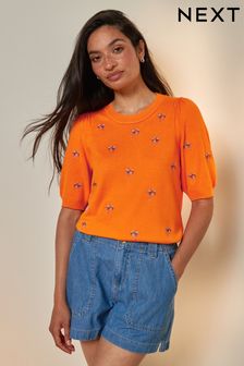 Orange Printed Crew Neck Short Sleeve Knitted Top