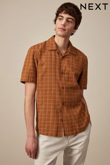 Brown Textured Check Short Sleeve Shirt With Cuban Collar