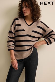 Neutral Relaxed Fit Ribbed V-Neck Knitted Jumper