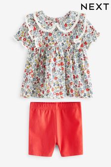 Red/Blue Ditsy Floral Short Sleeve Blouse and Cycle Shorts Set (3mths-7yrs)