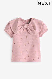 Pink Ditsy Textured Puff Short Sleeve Collar Top (3mths-7yrs)