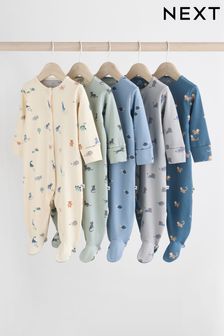 Teal Blue Patterned Baby Sleepsuits 5 Pack (0-2yrs)