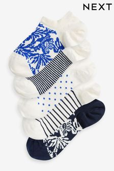 White/Blue Floral Trainer Socks 5 Pack