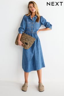 Buy Denim Blue Long Sleeve Ruched Mesh Midi Dress from Next USA
