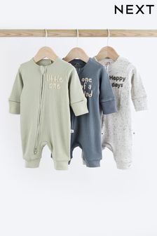 Blue / Grey Slogan Zip Baby Sleepsuits 3 Pack (0-3yrs)