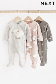 Grey Sheep Delicate Appliqué Baby Sleepsuits 3 Pack (0-2yrs)