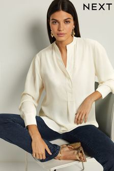 Ecru Cream Long Sleeve Overhead V-Neck Relaxed Fit Blouse