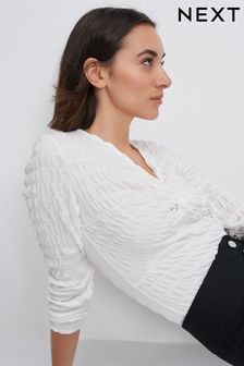 White Long Sleeve Twist Front Textured Top