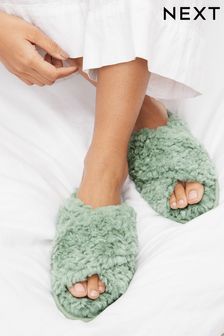 Sage Green Faux Fur Crossover Slider Slippers