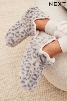Neutral Faux Fur Animal Print Slipper Boots