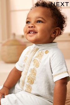 White Occasion Linen Blend Baby Romper (0mths-2yrs)