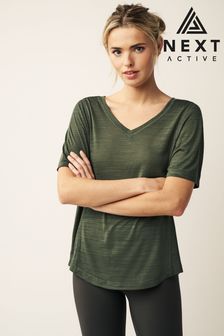 Khaki Green Active Sports Short Sleeve V-Neck Top