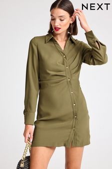 Khaki Green Asymmetric Crepe Mini Dress
