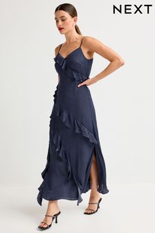 Navy Strappy Satin Ruffle Dress