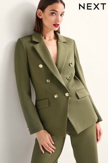 Khaki Green Ponte Fitted Double Breasted Blazer