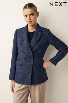 Navy Blue Bouclé Fitted Double Breasted Blazer