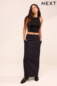 Black Tailored Herringbone Column Skirt