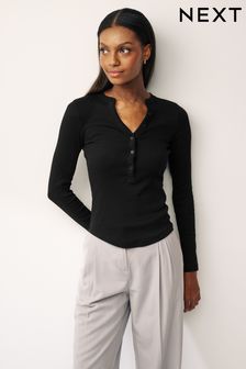 Black Ribbed Button Detail Long Sleeve Henley Top