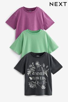 Charcoal/Purple/Green Washed Graphic 3 Pack Oversized T-Shirts (3-16yrs)