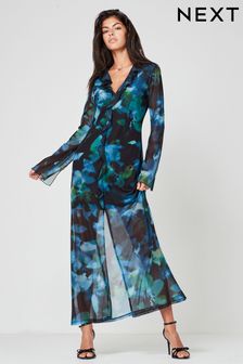 Blue & Black Abstract Floral Long Sleeve Mesh Ruffle Maxi Dress