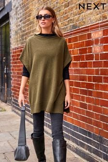 Khaki Green Lambswool Blend Knitted Poncho