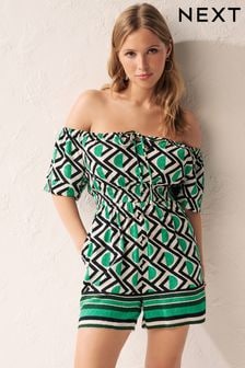 Green Geometric Off Shoulder Playsuit