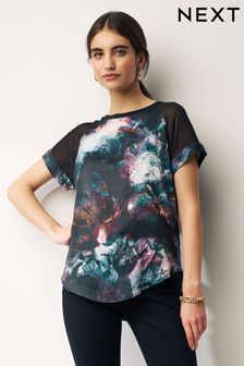 Blurred Floral Woven Mix Short Sleeve Raglan T-Shirt