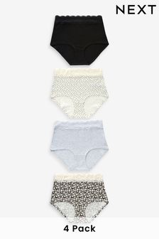 Black/Cream Print/Grey Cotton and Lace Knickers 4 Pack