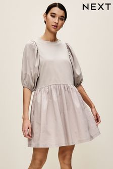 Grey Puff Sleeve Mini Jersey Dress