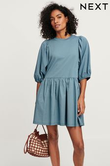 Denim Blue Puff Sleeve Mini Jersey Dress