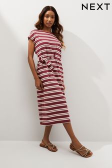 Chocolate Brown Stripe 100% Cotton Short Sleeve Tie Side Summer Dress