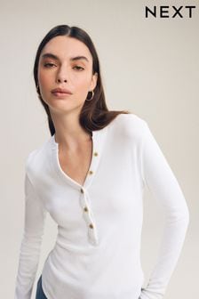 White Ribbed Button Detail Long Sleeve Henley Top