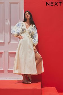 Cream & Blue Embroidered Long Sleeve Dress