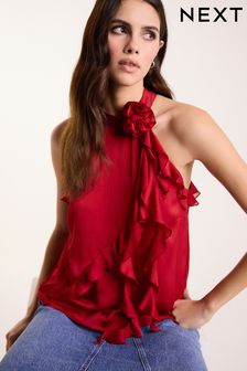 Red Corsage Neck Ruffle Front Detail Sleeveless Blouse