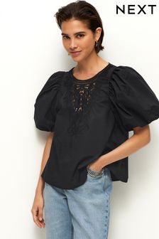 Black Cotton Poplin Puff Sleeve Crochet Insert Blouse