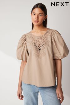 Beige Cotton Poplin Puff Sleeve Crochet Insert Blouse