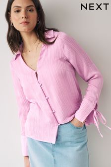 Pink Tie Sleeve Textured Collared V-Neck Blouse