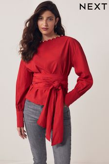 Red Long Sleeve Wrap Pearl Detail Shirt