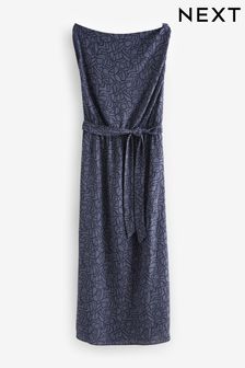 Blue/Navy Geometric Sleeveless Knot Shoulder Column Maxi Dress