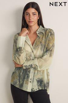 Neutral Abstract Print Satin Trim Long Sleeve Sheer Shirt