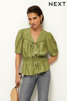 Green Tie Front Tiered Textured Short Sleeve Blouse