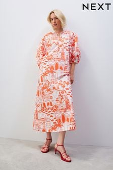 Red/White Scenic Print Cotton Poplin Notchneck Puff Sleeve Maxi Dress