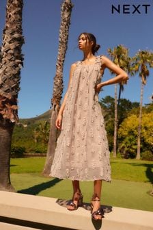 Mink Brown Textured Ruched Cami Midi Dress