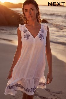 White Linen V-Neck Blend Summer Sleeveless Shift Dress