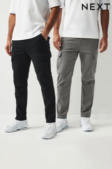 Black/Charcoal Grey Cotton Rich Stretch Cargo Trousers 2 Pack