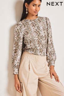 Snake Print Long Sleeve Textured Crew Neck Cuff Blouse