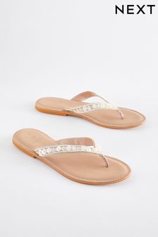 Cream Forever Comfort® Leather Embellished Toe Thong Sandals