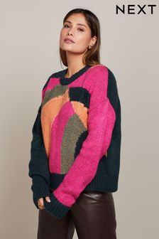 Teal Blue Colourblock Crew Neck Jumper